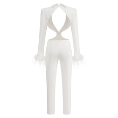 Edge Lapel Collar CutOut Feather Trim Long Sleeve Padded Backless Blazer Jumpsuit