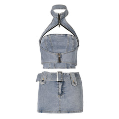 Edge Zipper CutOut Halter Denim Crop Top and Belted Mini Denim Skirt Matching Set