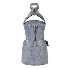 Edge Zipper CutOut Halter Denim Crop Top and Belted Mini Denim Skirt Matching Set