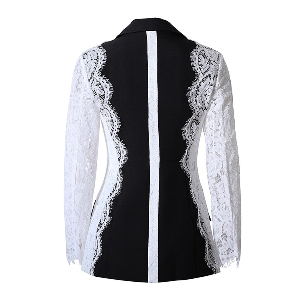 Edgy Contrast Lace Sleeve Lapel Collar Single Breasted Tailored Blazer