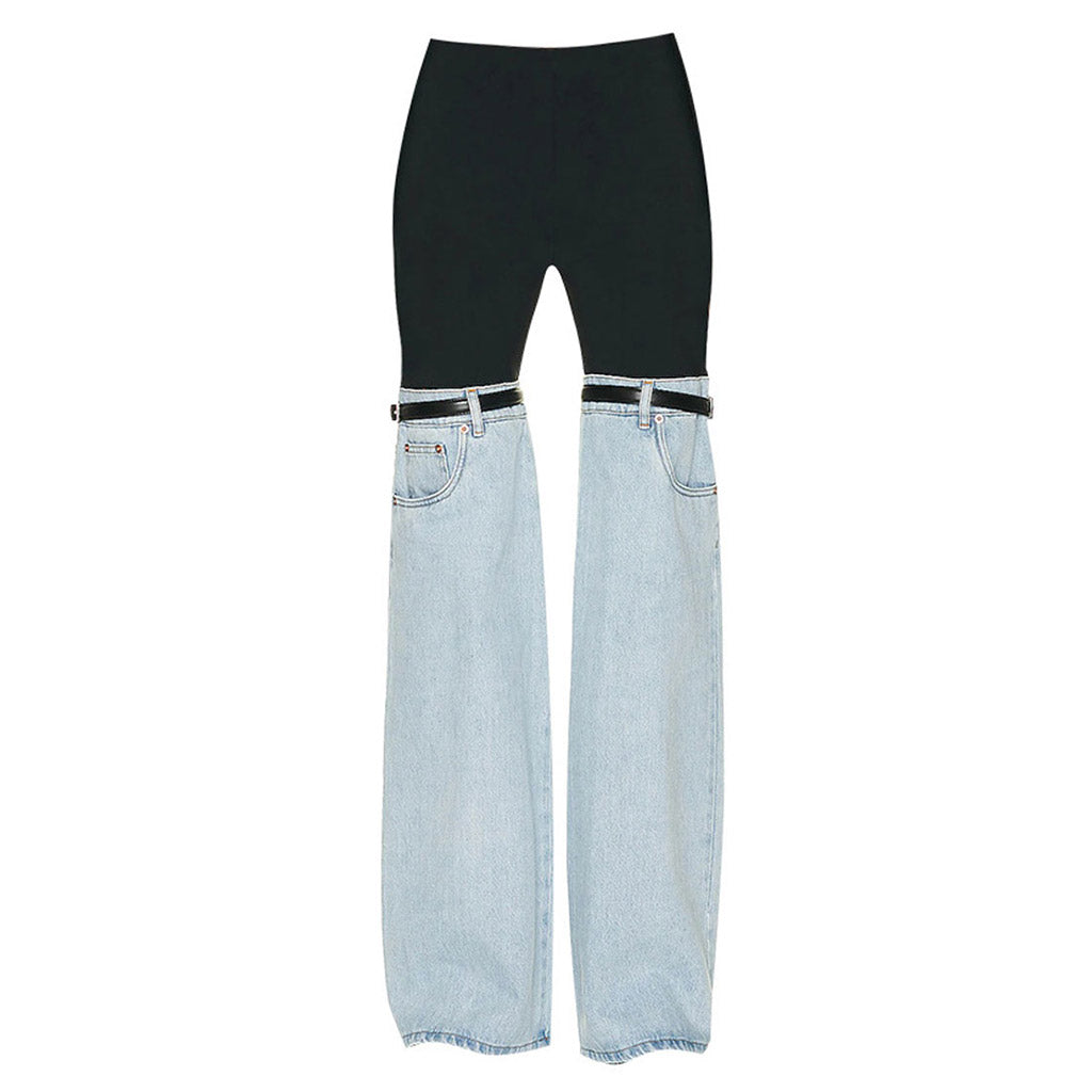 Edgy Stretch-Panel-Hybrid-Schlagjeans mit mittlerer Taille und Gürtel