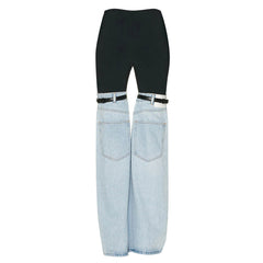 Edgy Stretched Panel Mid Waist Belted Hybrid Flared Jeans