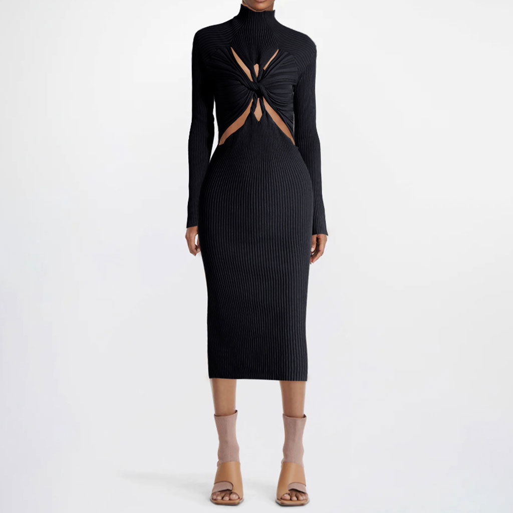 Edgy Twist Front CutOut High Neck Long Sleeve Rib Knit Midi Dress - Black