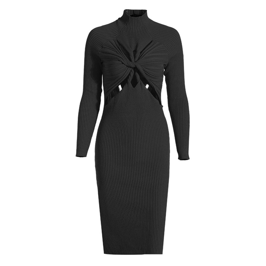 Edgy Twist Front CutOut High Neck Long Sleeve Rib Knit Midi Dress - Black