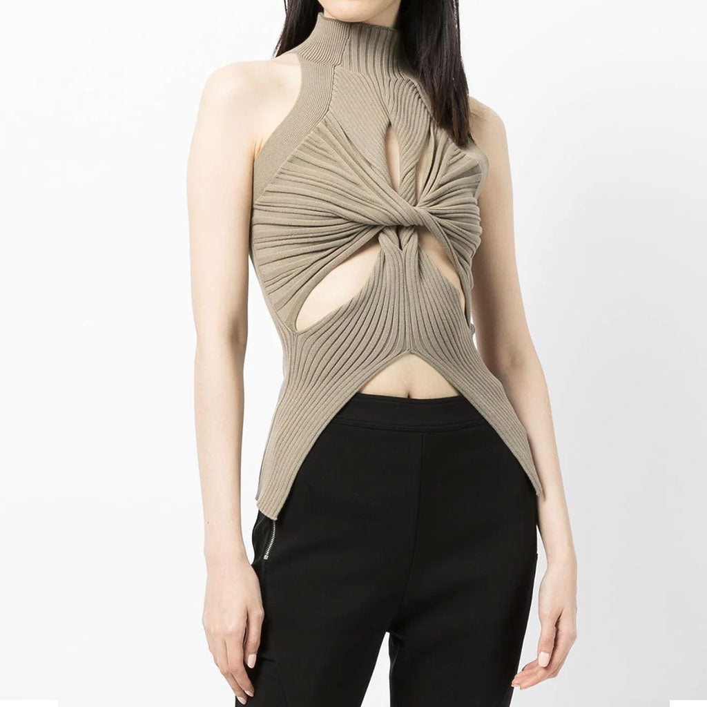 Edgy Twisted CutOut Front High Neck Racerback Rippenstrick Tank Top - Khaki