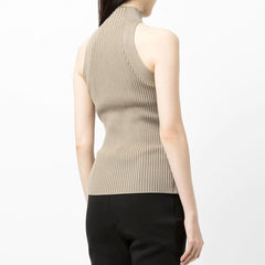 Edgy Twisted CutOut Front High Neck Racer Back Ribbed Knit Tank Top - Khaki