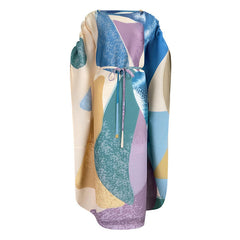 Elegant Color Block Pleated Ruched Sleeve Round Neck Belted Maxi Kaftan Dress