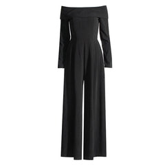 Eleganter, schulterfreier Jumpsuit aus Crêpe mit gefalteter Schleife hinten und weitem Bein