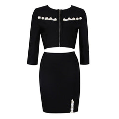 Elegantes passendes Set mit nachgemachter Perle, CutOut-Besatz, geteiltem Ellenbogen-Ärmelband