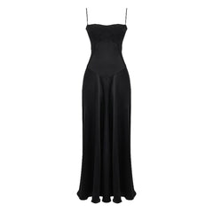 Elegant Lace Up Spaghetti Strap Fit and Flare Satin Maxi Evening Dress