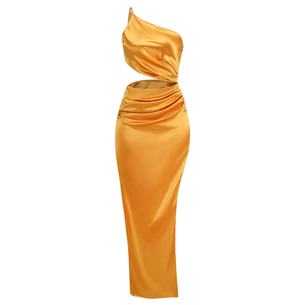 Elegantes Maxi-Abendkleid aus Satin mit One-Shoulder-Träger, Cut-Out, Schlitz und gerüschtem Oberschenkel