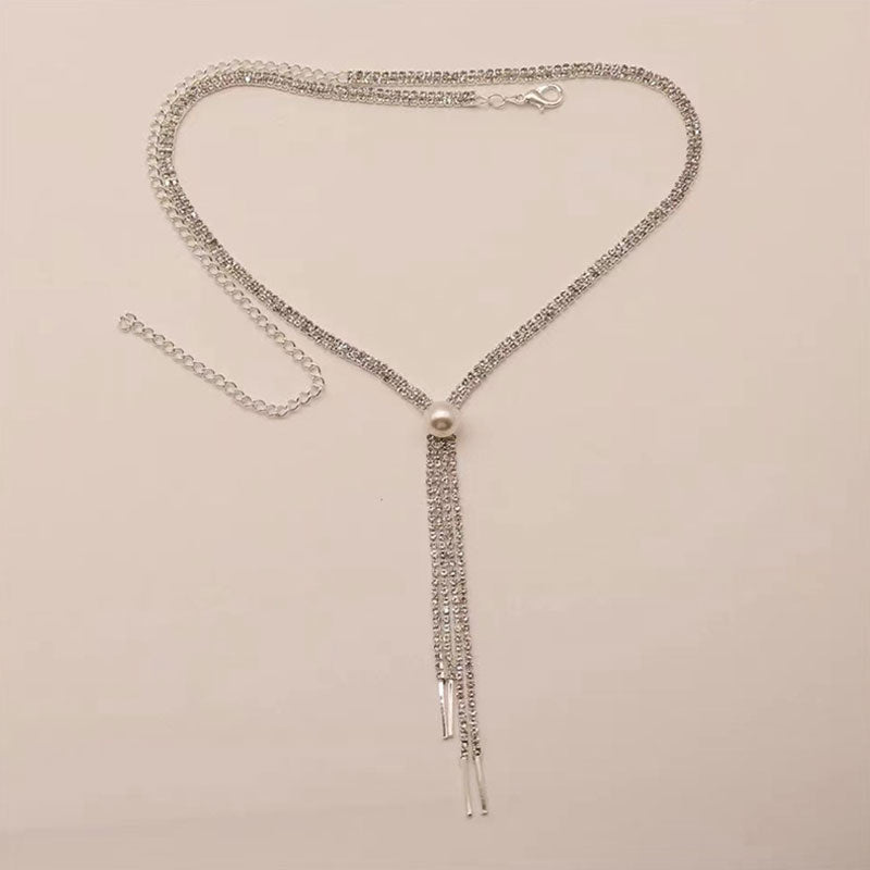 Elegant Pearl Detail Rhinestone Embellished Tassel Lariat NeckLace - Silver