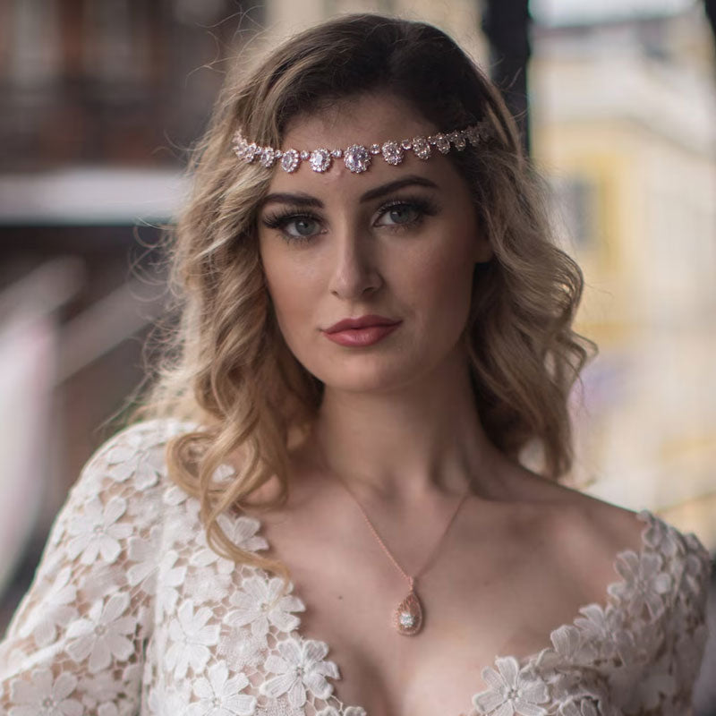 Elegant Plated Crystal Embellished Bridal Head Chain - Silver