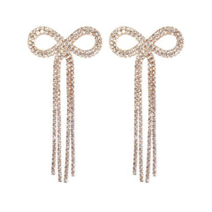 Elegant Rhinestone Embellished Bow Fringe Long Drop Earrings - Silver