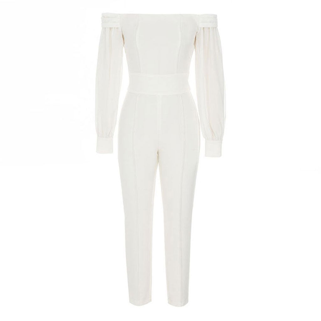 Eleganter, einfarbiger, schulterfreier Jumpsuit mit Puffärmeln und schmalem Bein