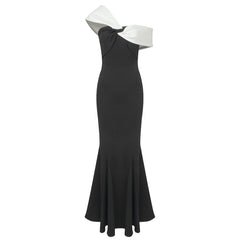 Elegantes, weiß-schwarzes Maxikleid aus Jersey mit One-Shoulder-Träger und Fischschwanz