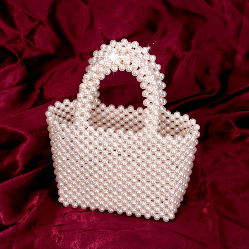 Sac à main élégant en perles nacrées tissées à la main avec poignée supérieure - Blanc