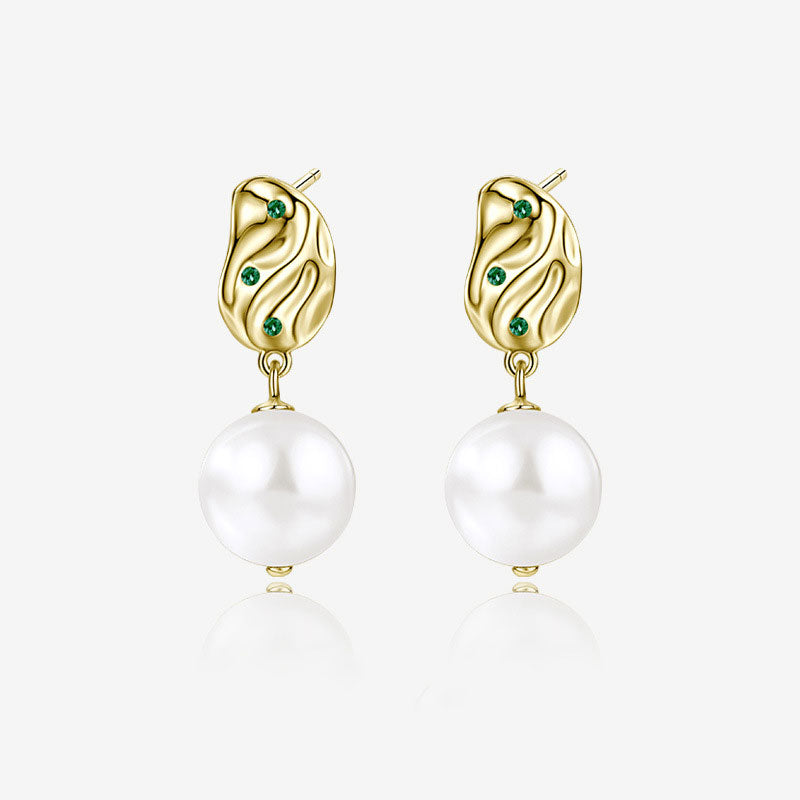 Emerald Cubic Zirconia Hammered Block Baroque Pearl Drop Earrings