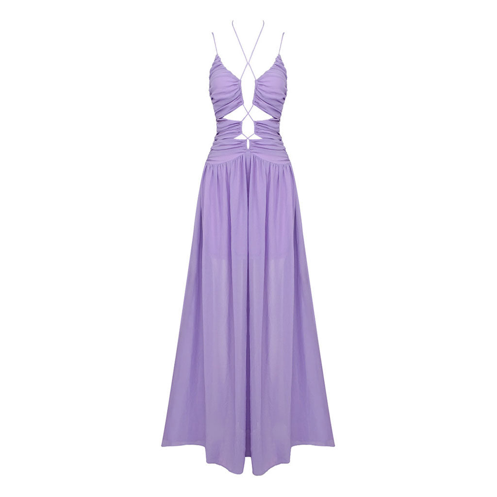 Ethereal Halter Cinched Neck CutOut Ruched Chiffon Sleeveless Maxi Evening Dress