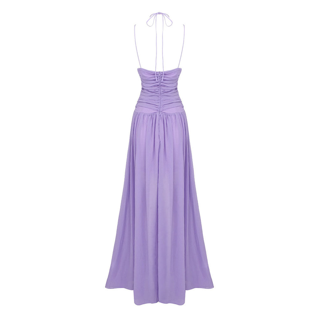 Ethereal Halter Cinched Neck CutOut Ruched Chiffon Sleeveless Maxi Evening Dress