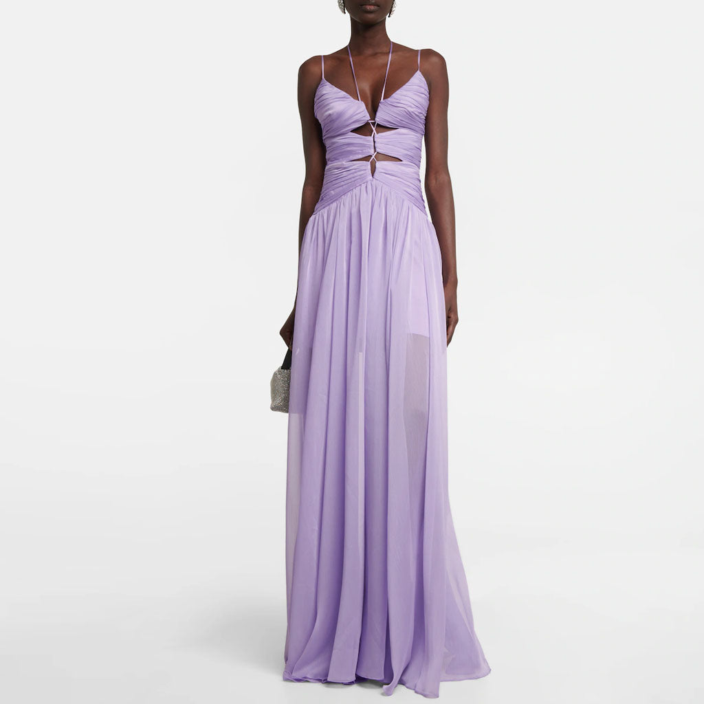 Ethereal Halter Cinched Neck CutOut Ruched Chiffon Sleeveless Maxi Evening Dress