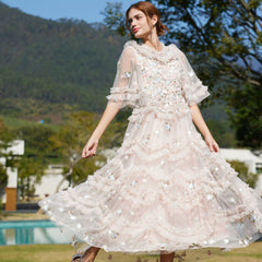 Exquisite Bell Sleeve Summer Tiered Ruffle Embroidered Floral Tulle Maxi Dress