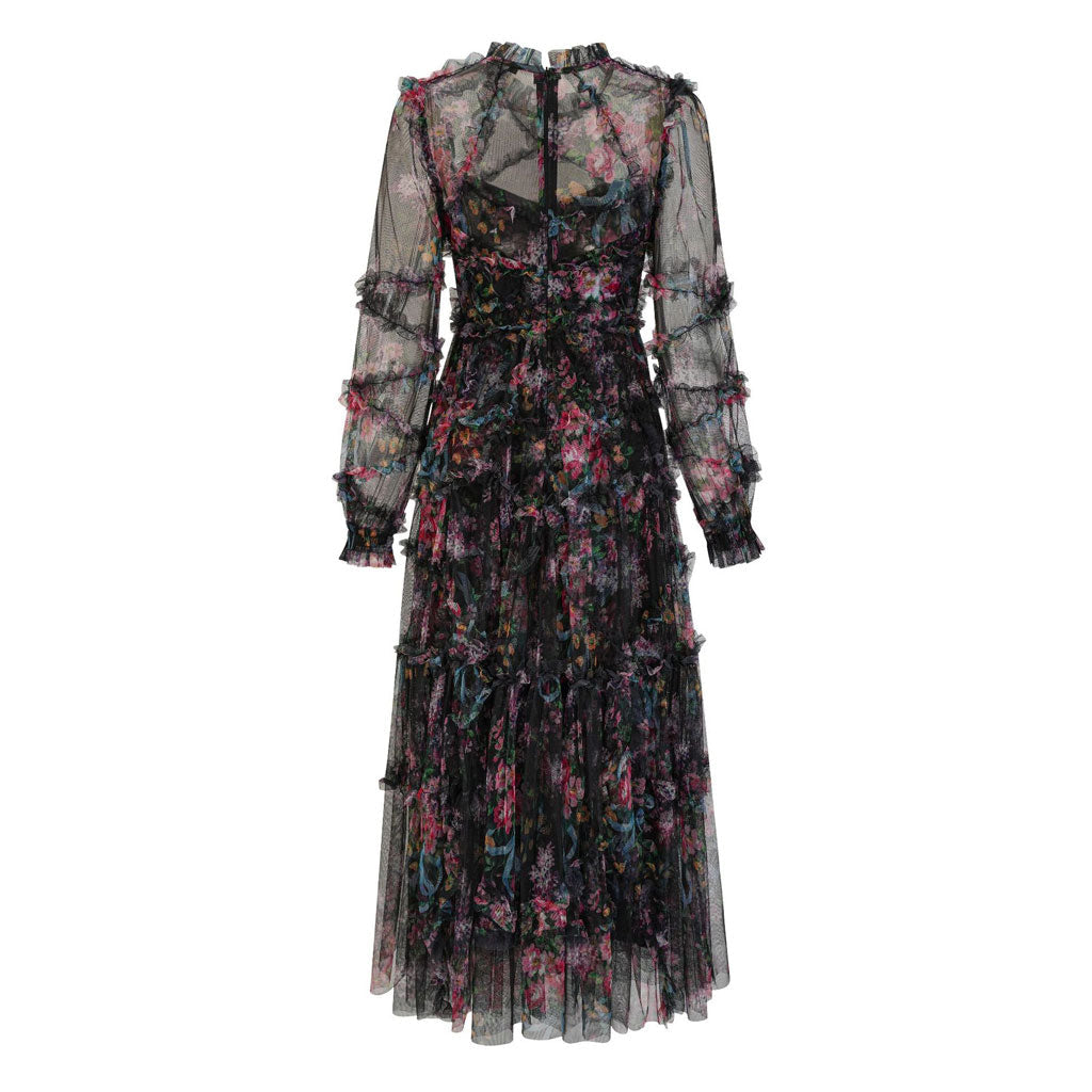 Exquisite Ruffled Mock Neck Long Sleeve Floral Gauze Tiered Maxi Dress