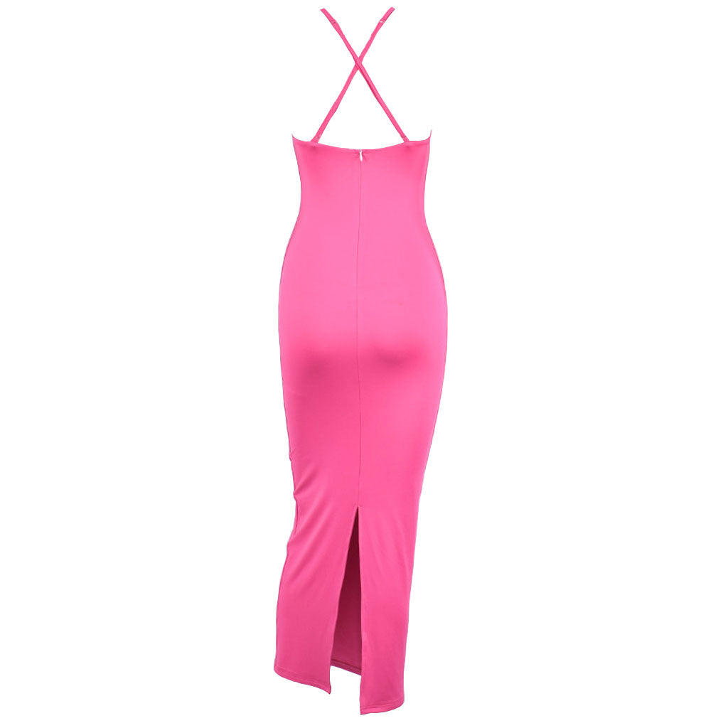 FeMinine Criss Cross Ärmelloses Midikleid mit Schlitz, Rüschen und Cut-Outs - Hot Pink