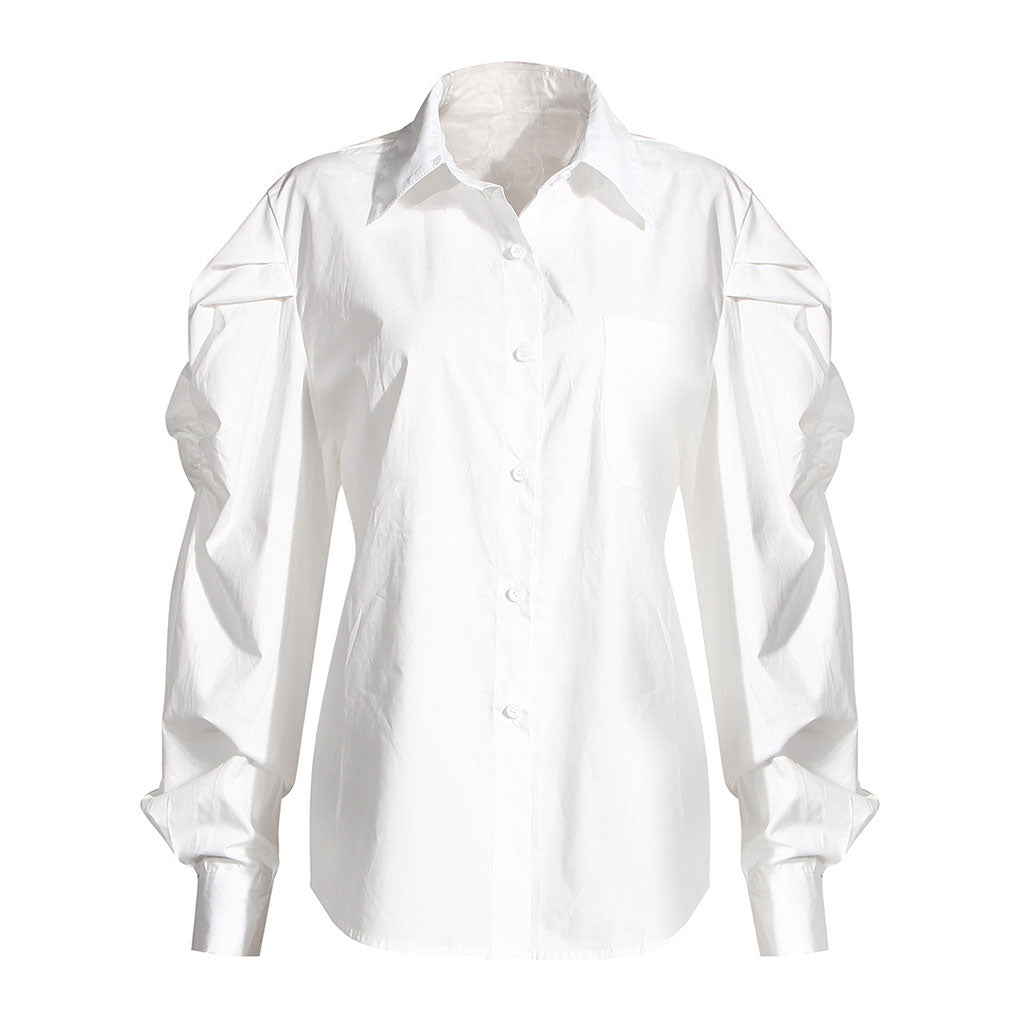 FeMinine Folded Collar Balloon Sleeve Button Down Blouse