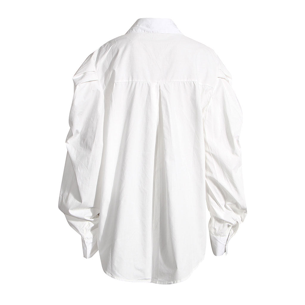 FeMinine Folded Collar Balloon Sleeve Button Down Blouse