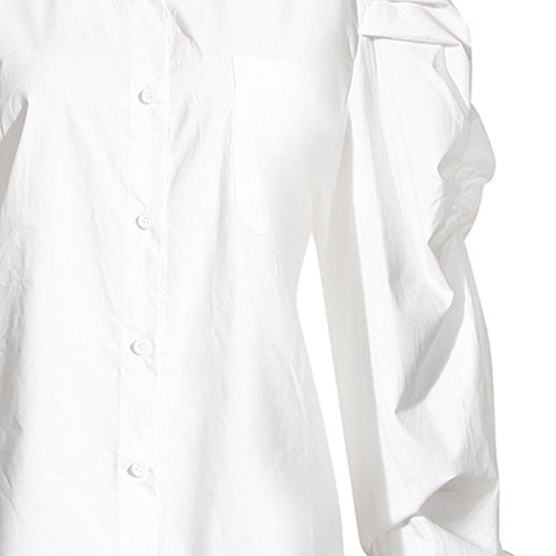 FeMinine Folded Collar Balloon Sleeve Button Down Blouse