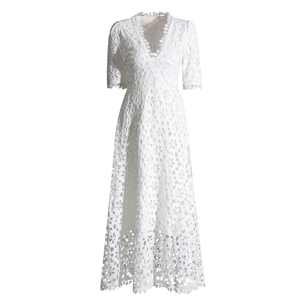 FeMinine Lace Trim V Neck Half Sleeve Broderie Anglaise Fit and Flare Maxi Dress