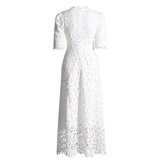 FeMinine Lace Trim V Neck Half Sleeve Broderie Anglaise Fit and Flare Maxi Dress