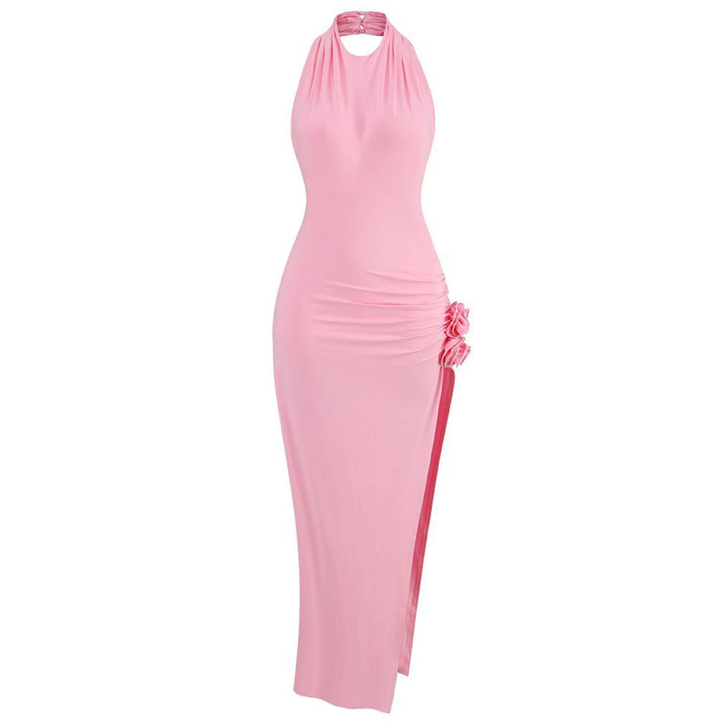 FeMinine Rosette Halter Open Back Ruched Bodycon Split Midi Cocktail Dress