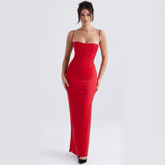 FeMinine Spaghetti Strap Back Slit Bodycon Maxi Satin Corset Dress - Red