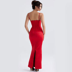 FeMinine Spaghetti Strap Back Slit Bodycon Maxi Satin Corset Dress - Red