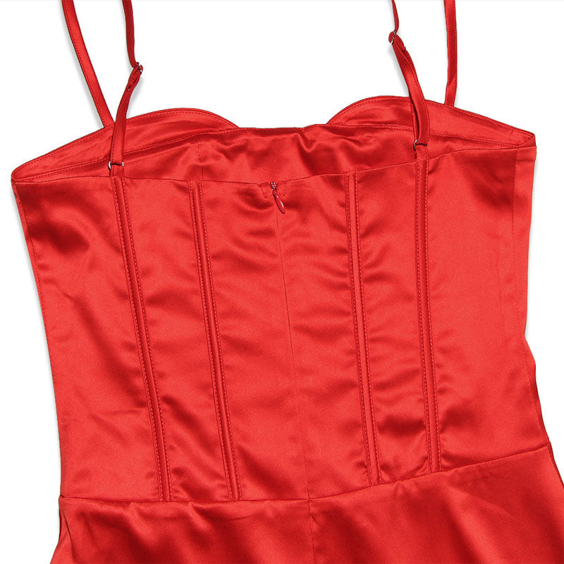 Robe corset moulante longue en satin à bretelles spaghetti et fente dans le dos - Rouge