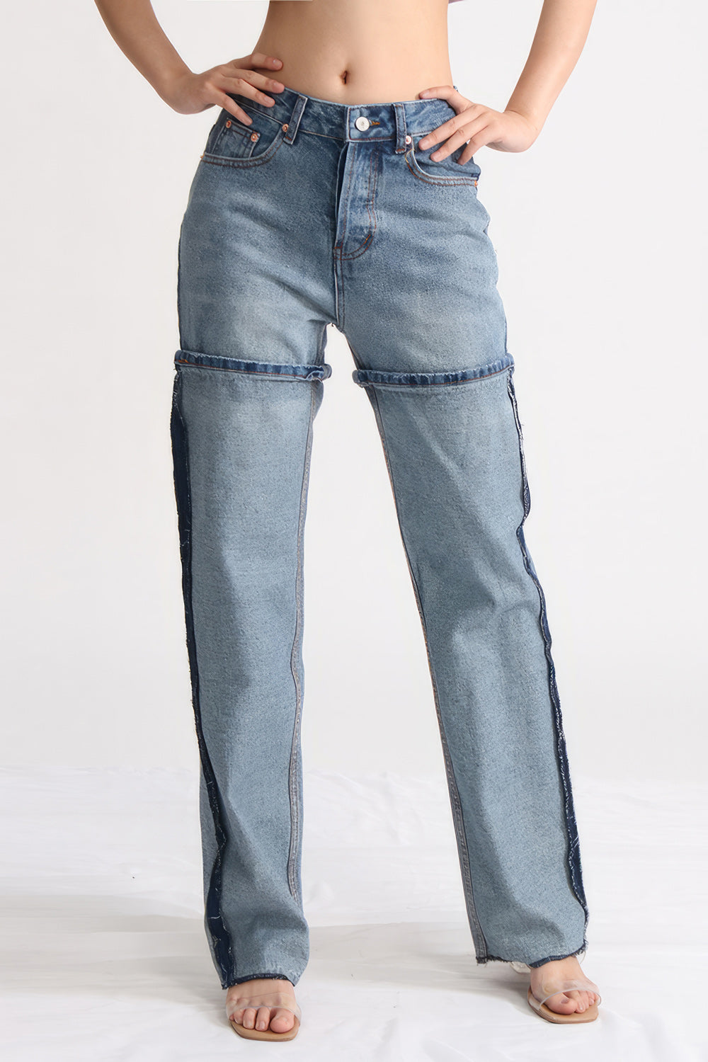 High Waisted Jeans with Stitching Details - Blue