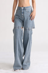 High Waist Jeans mit Rückenausschnitten - Washed Blue