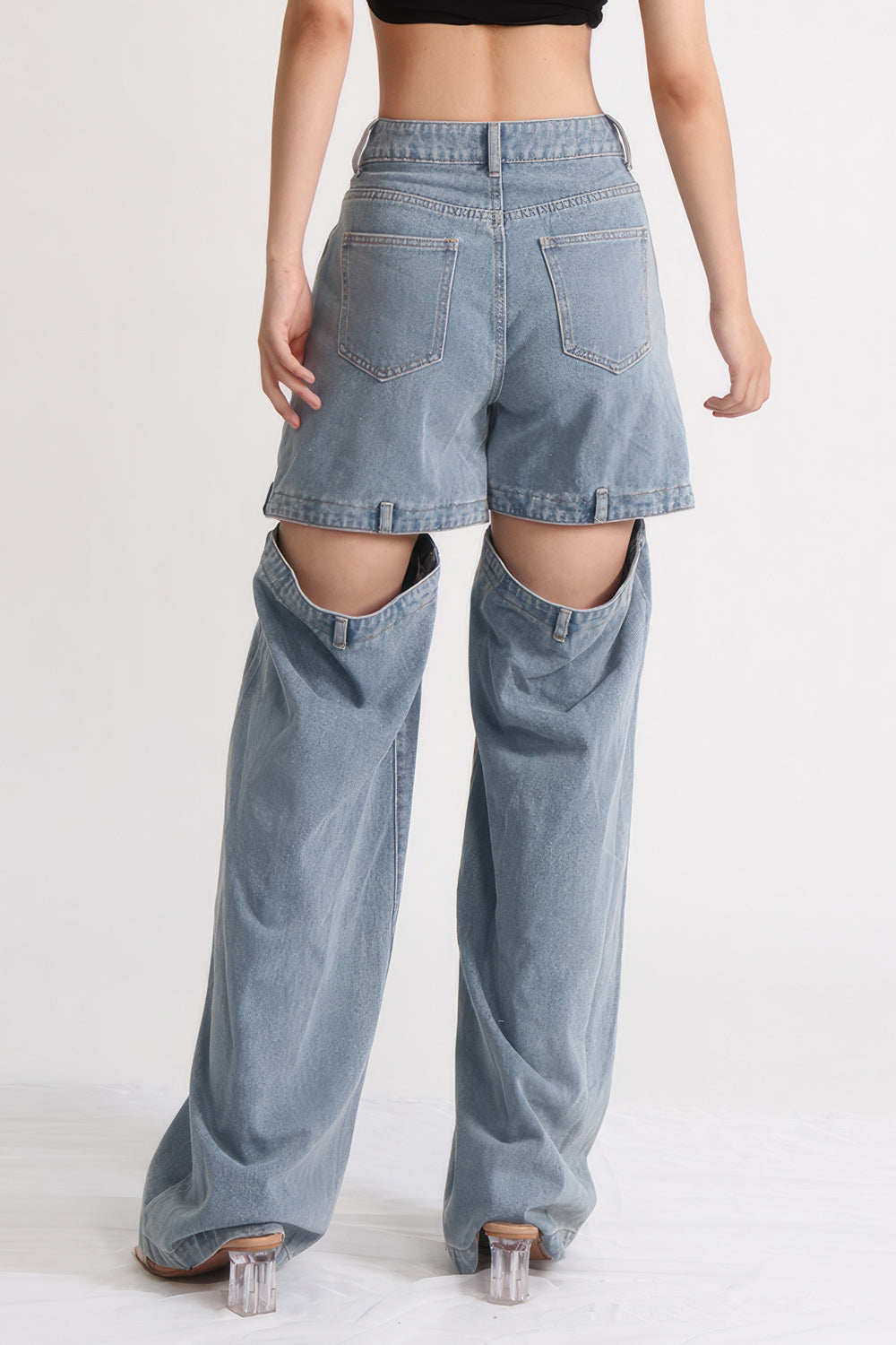 High Waisted Jeans with Back Cuts - Washed Blue