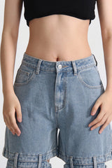 High Waist Jeans mit Rückenausschnitten - Washed Blue