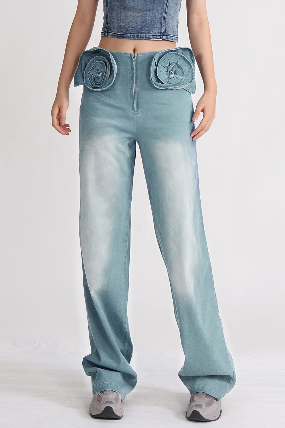 High Waisted Jeans with Flowers Attached - Blue