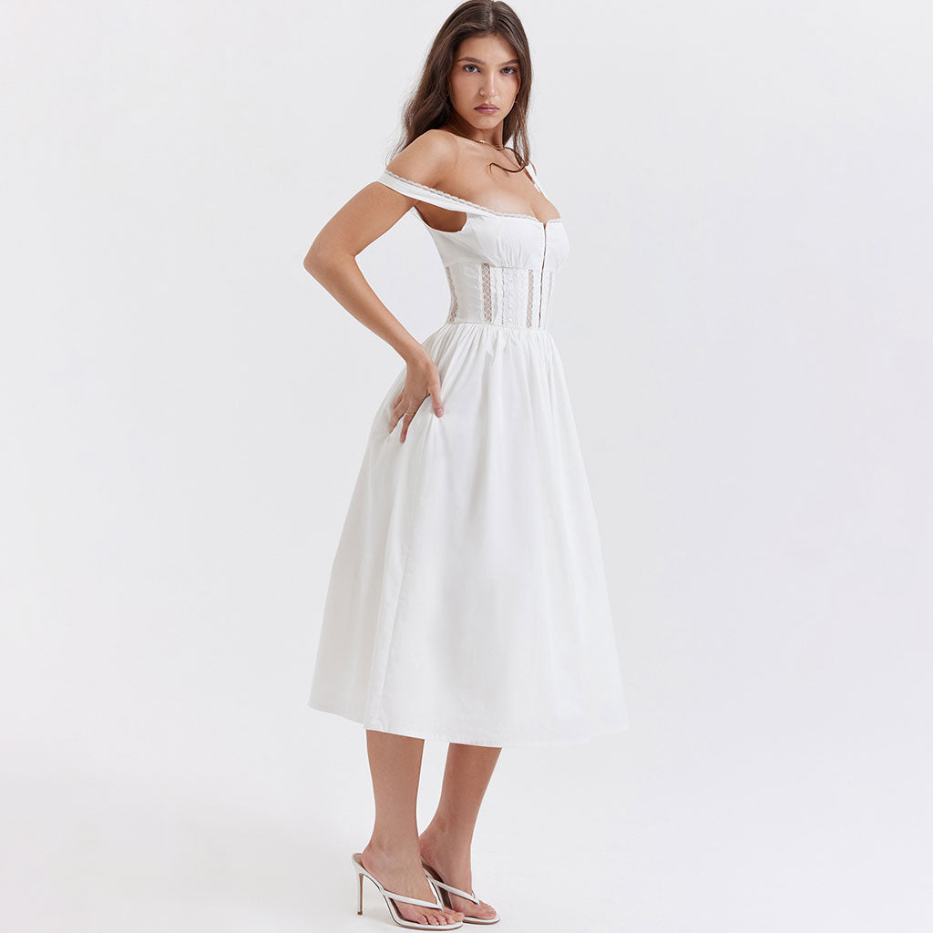 Schmeichelhaftes Midi-Sommerkleid mit quadratischem Ausschnitt, Strumpfhaltern, transparenter Spitze und ausgestelltem Schnitt