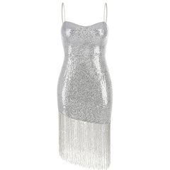 Robe courte à franges et sequins avec décolleté en cœur - Argent