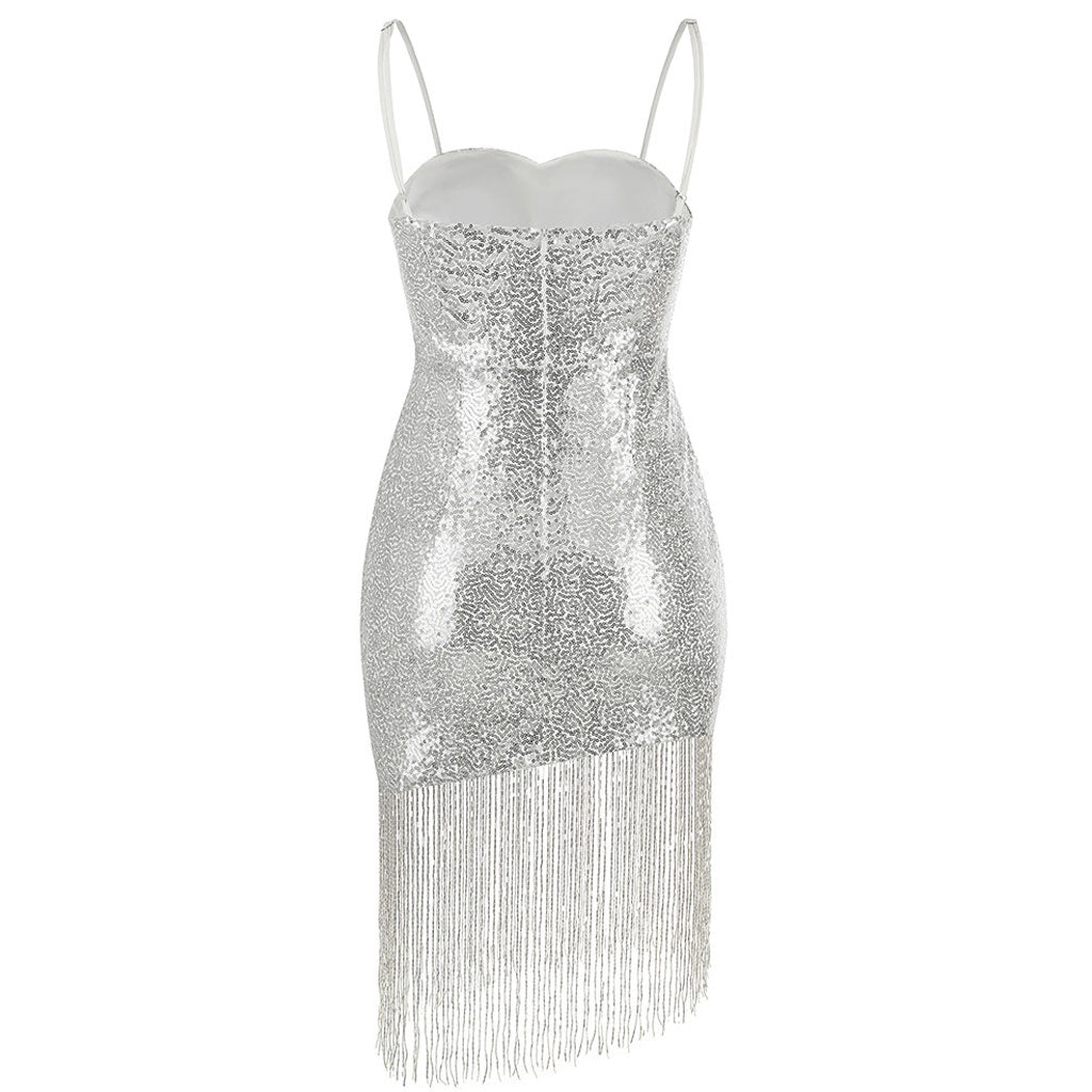 Robe courte à franges et sequins avec décolleté en cœur - Argent