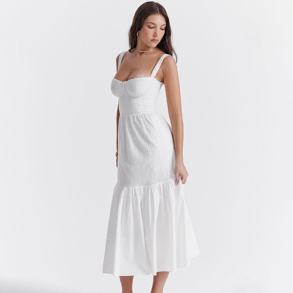 Floaty Sweetheart Neck Pocket Side Fit & Flare Broderie Anglaise Midi SunDress