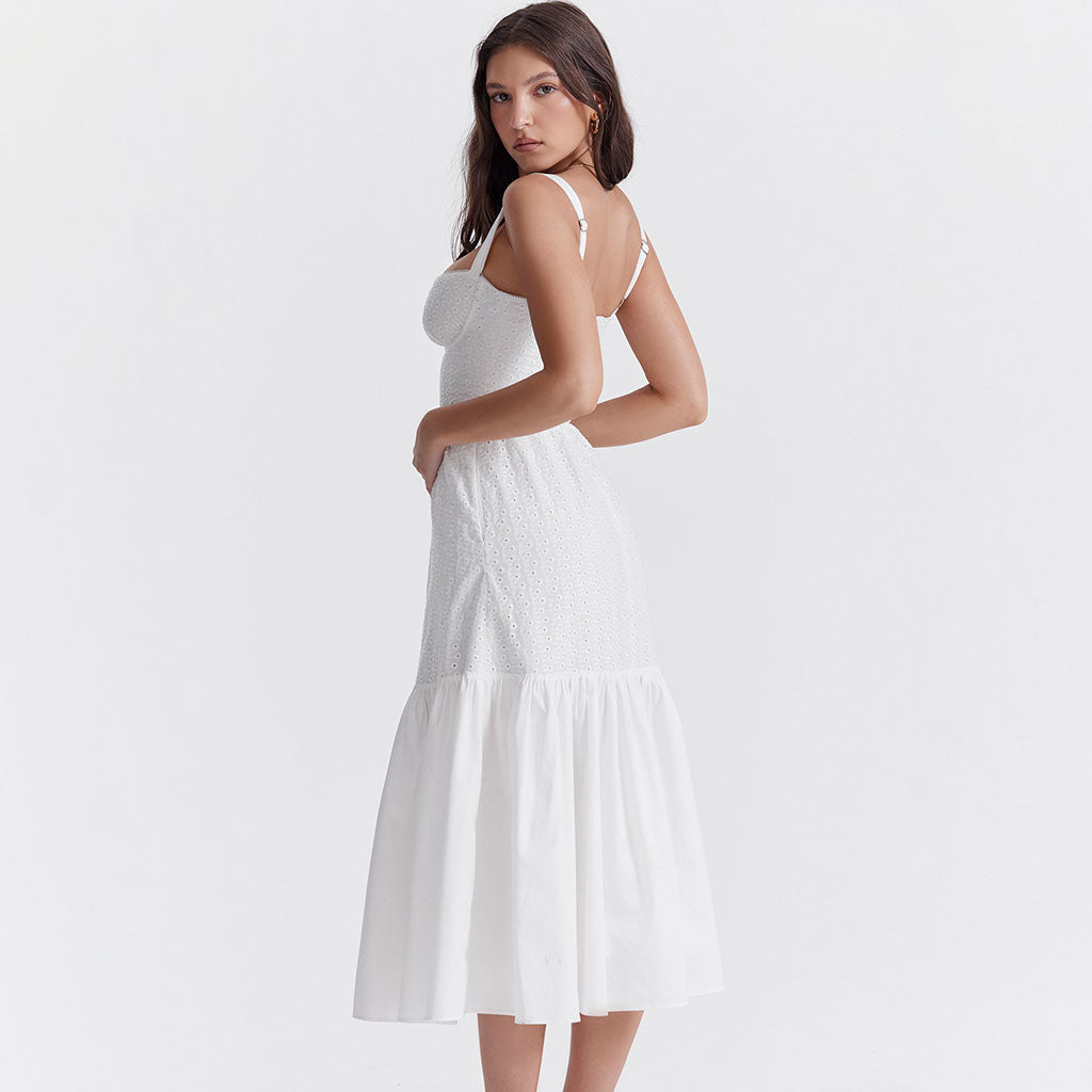 Floaty Sweetheart Neck Pocket Side Fit & Flare Broderie Anglaise Midi SunDress