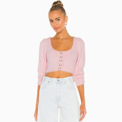 Fluffy Rose Button U-Ausschnitt Langarm Strick Kurzpullover - Rosa