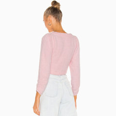 Fluffy Rose Button U-Ausschnitt Langarm Strick Kurzpullover - Rosa