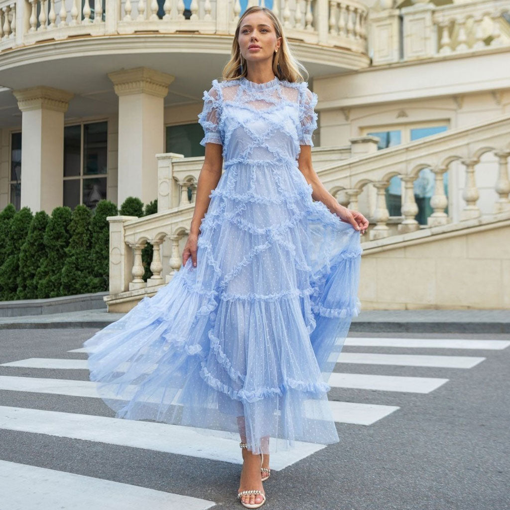 Robe longue à volants et manches courtes de style français en tulle à pois et à volants